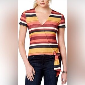 Self Esteem Red & Gold Striped Surplice Wrap Top